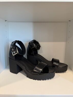 Chunky Lug Heel Ankle Strap Sandals in Black